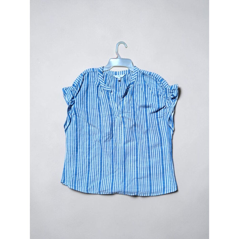 Time & Tru Blue White Vertical Stripe Split V-Neck Ruffle Sleeve Blouse XXL 20